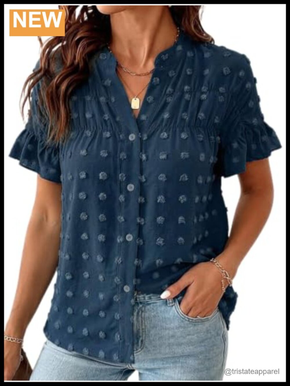 Swiss Dot Ruffle Trim Notched Neck Short Sleeve Blouse Women's Summer Top